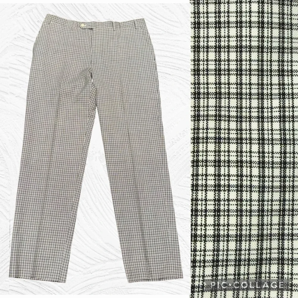 Canali‎ Dress Pants Mens 35X31.5 Black Cream Plaid Wool Flat Front Italy Classic